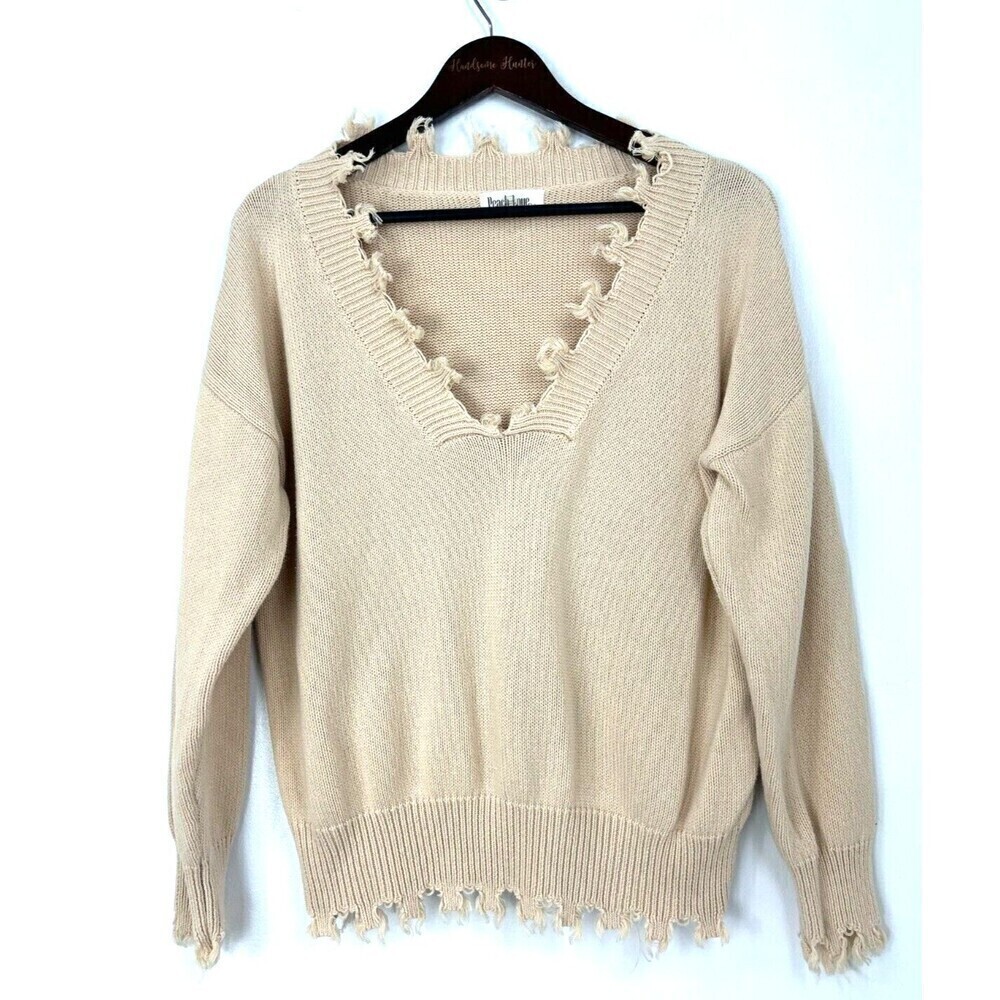 Peach Love California Women Sz L Ivory Cream Sweater Fringe Comfort Boho Chic H2 - Picture 2 of 12